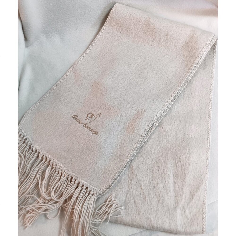Alpaca Camargo Neck Scarf Fringe Embroidered Camel Beige Tan Soft Designer